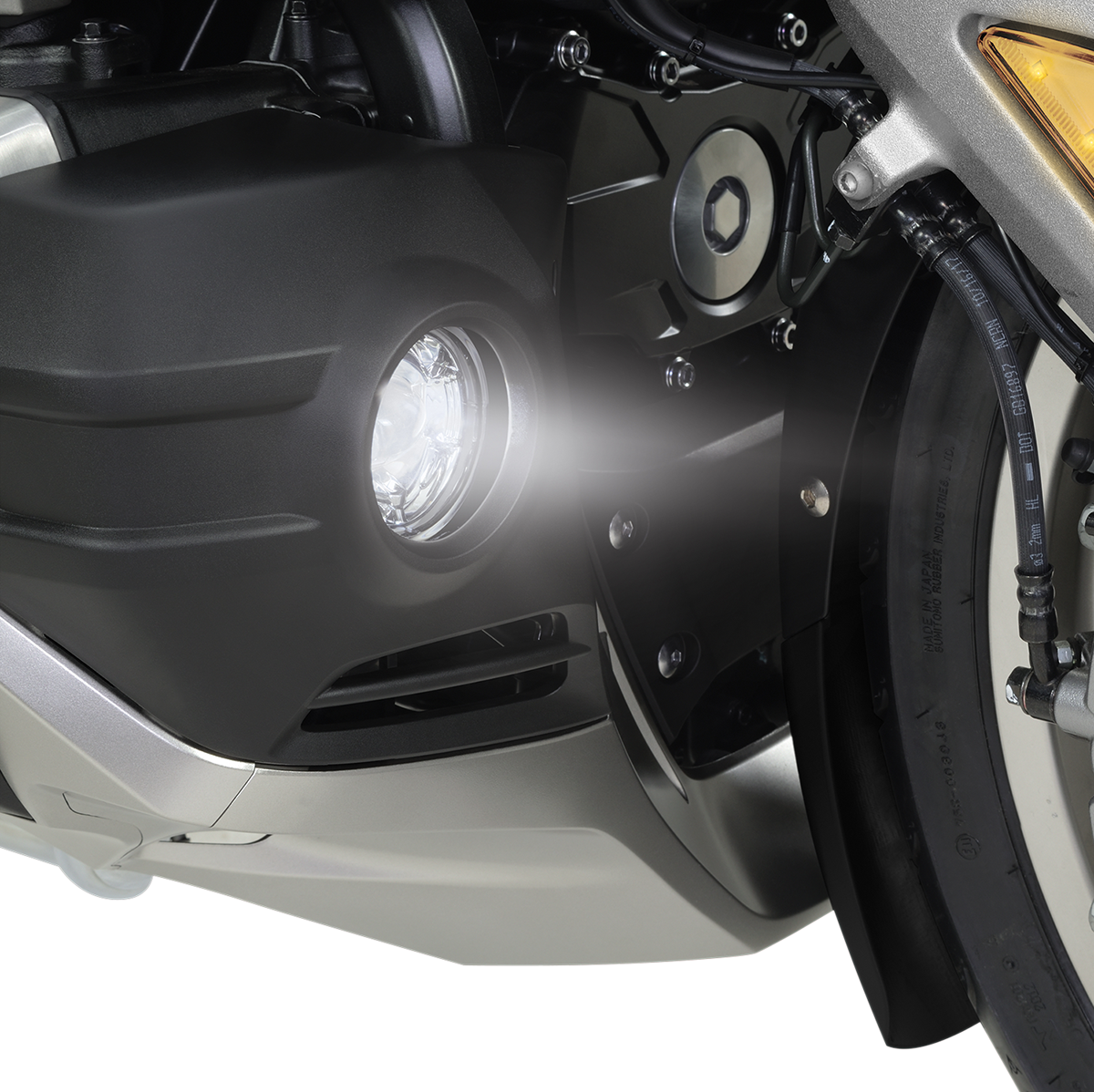 Bill's Exhausts Show Chrome fog lights for Honda GL1800 motorcycle, lower engine-mounted fog lights with chrome finish.