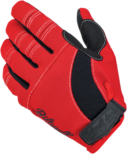 BILTWELL Moto Gloves in red, black, and white, small size, featuring protective padding and breathable material for motorcycle riding.