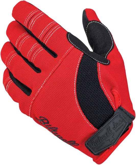 BILTWELL Moto Gloves in red, black, and white, XL size, showing the protective design and branding on the riding gloves.