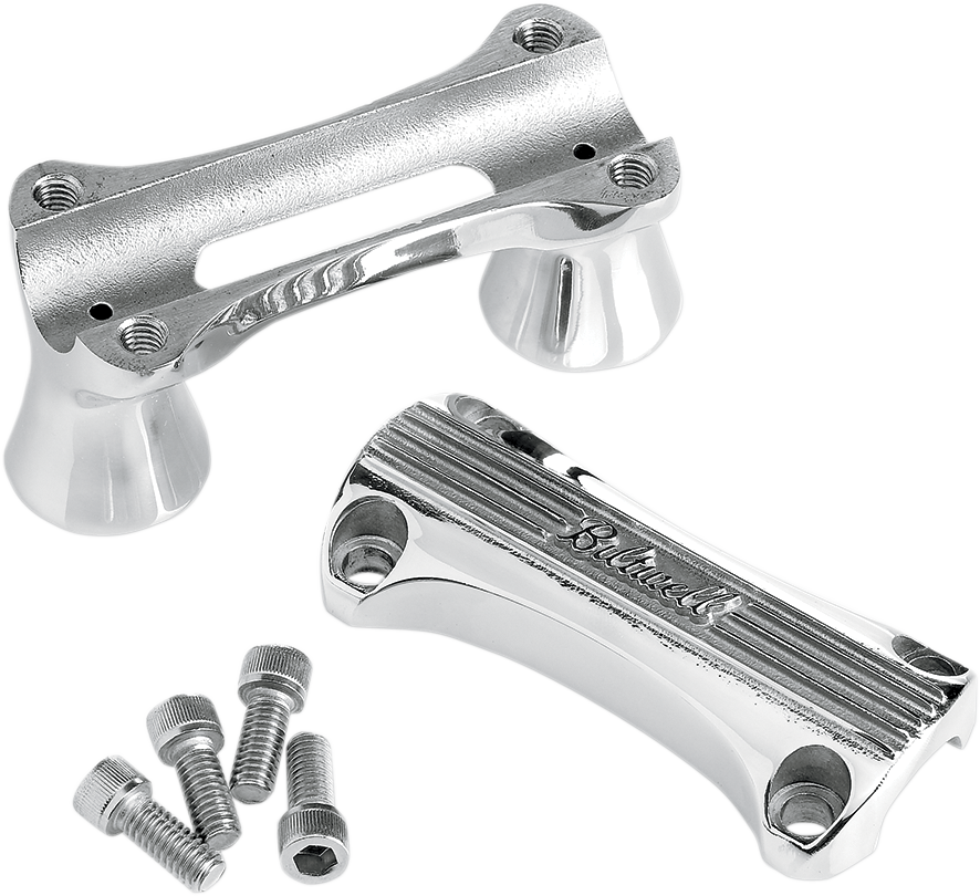 Polished 2-inch BILTwell Thunder handlebars risers from Bill's Exhausts, designed for motorcycle handlebar height adjustment.