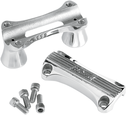 Polished 2-inch BILTwell Thunder handlebars risers from Bill's Exhausts, designed for motorcycle handlebar height adjustment.