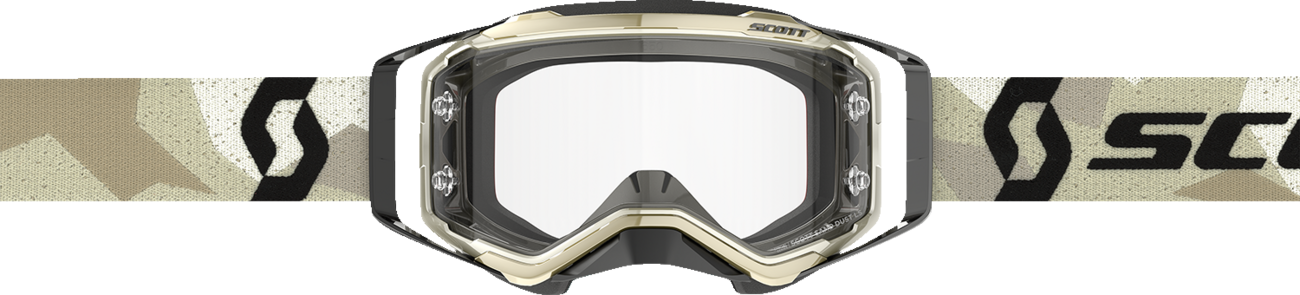 Scott Prospect Sand Light Sensitive Goggles in camo beige and black with gray lenses, designed for engine protection.