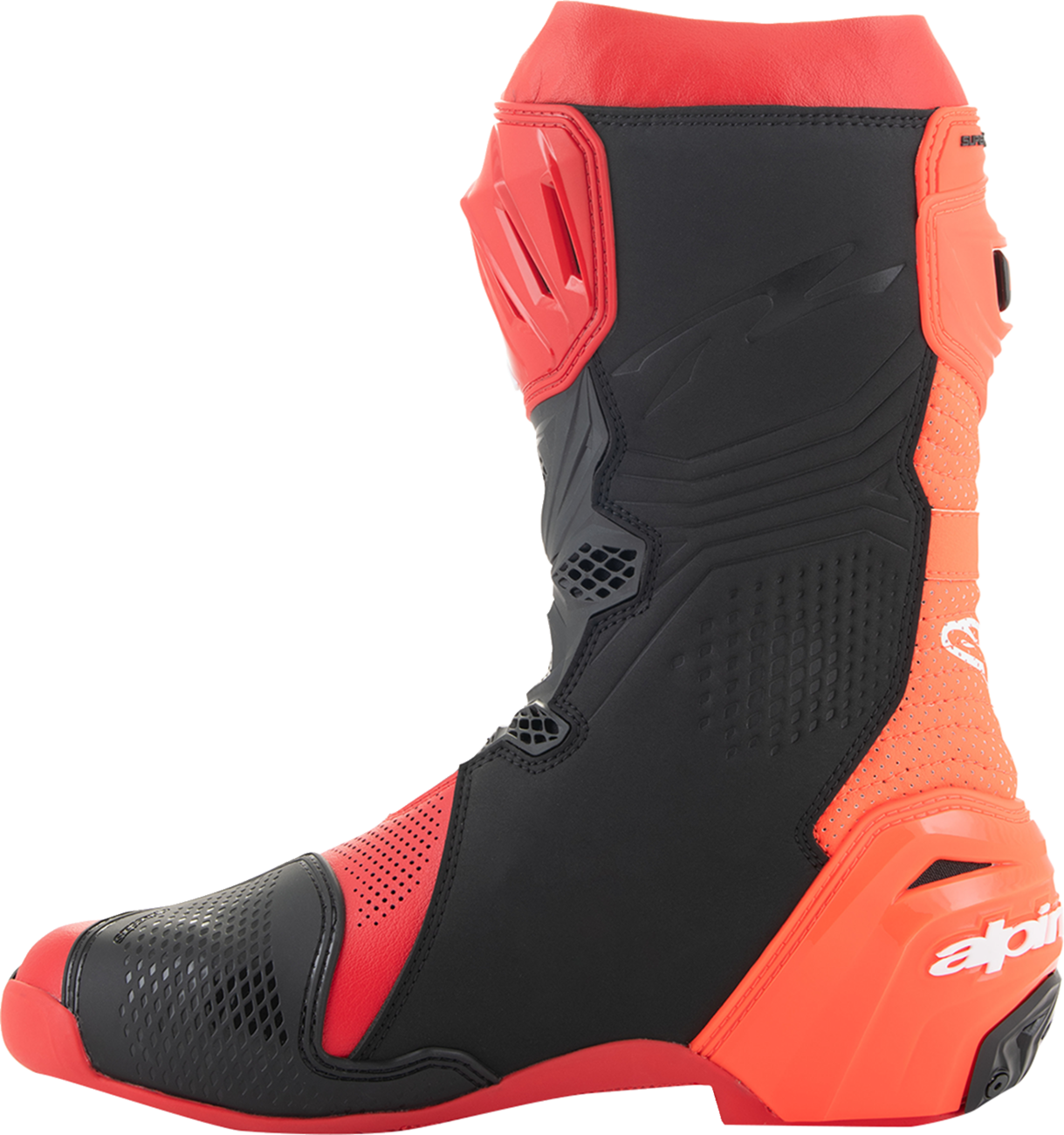 Alpinestars Supertech R Vented motorcycle racing boots in red, US 6/EU 39, featuring protective design and ventilation.