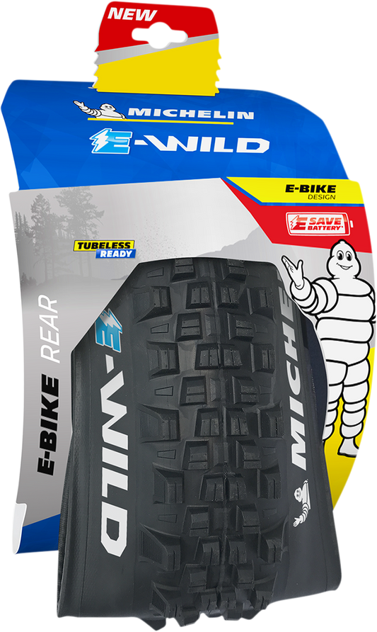 Michelin E-Wild 27.5 x 2.80 rear tire for e-bikes, featuring rugged tread and durable rubber for off-road riding.