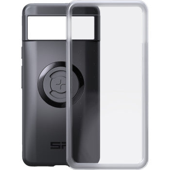 Google Pixel 8 with SP CONNECT Weather Cover mounted on Bill's Exhausts phone mount, showing protective weather-resistant design.