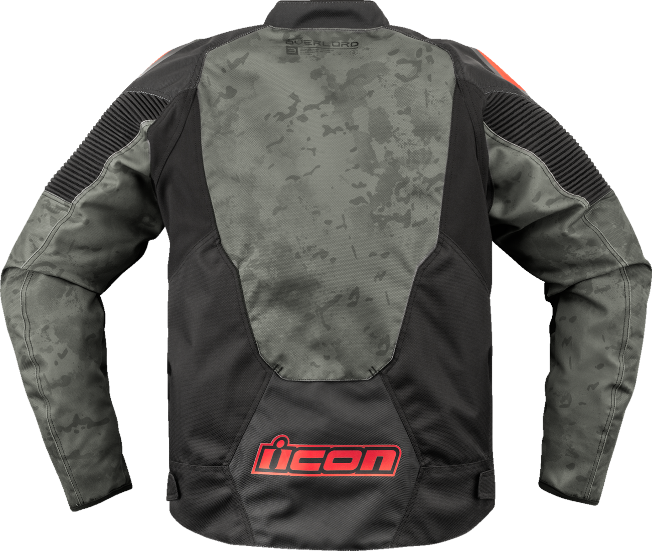 Gray ICON Overlord3™ Magnacross jacket by Bill's Exhausts, showing front view with zipper and logo details.