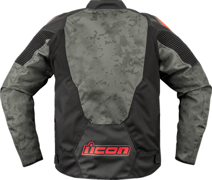 Gray ICON Overlord3™ Magnacross jacket by Bill's Exhausts, small size, shown hanging with front view and zipper details.