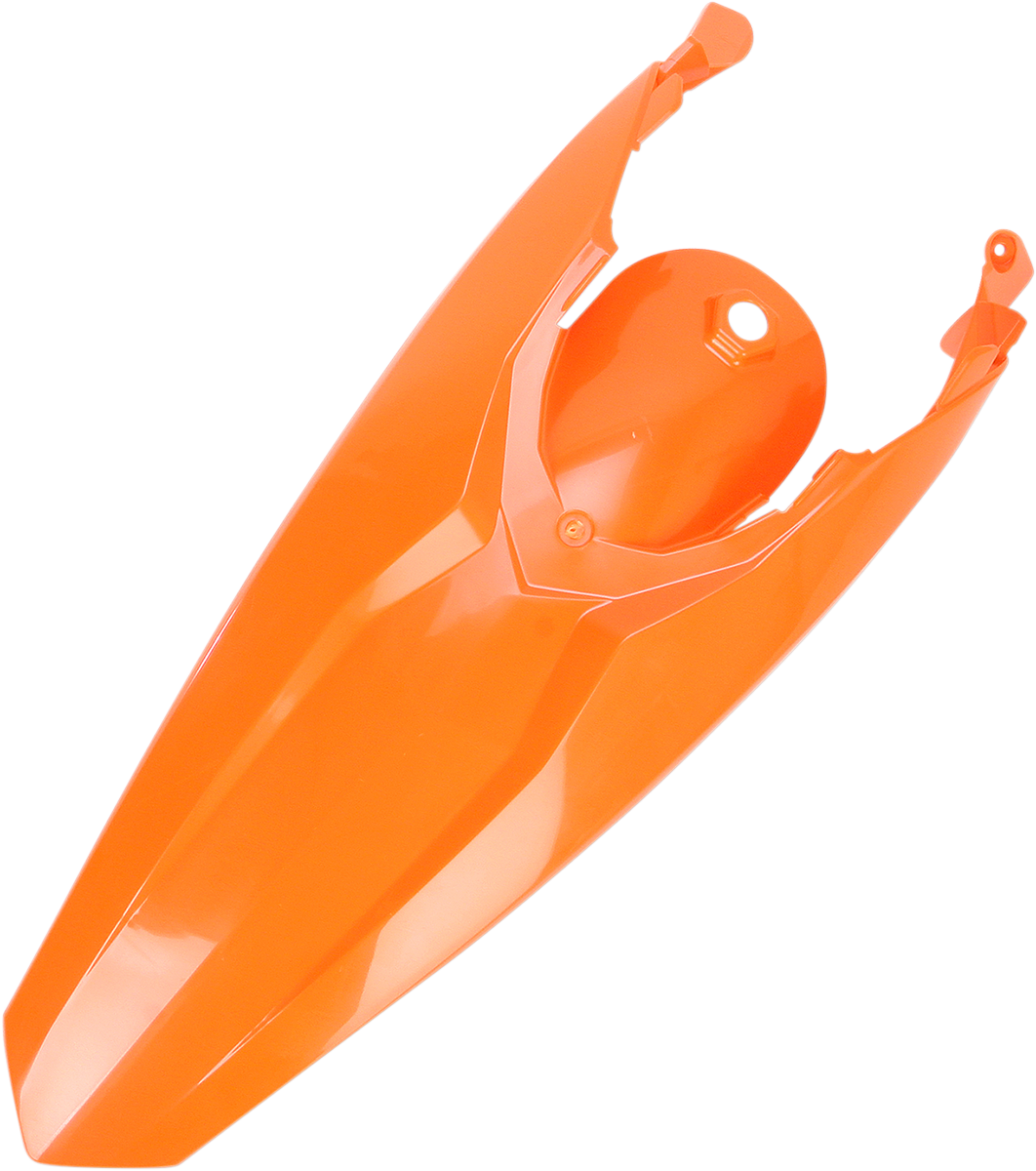 Orange Acerbis rear fender for KTM motorcycles, 2012-2016, mounted on bike showing its sleek body design and vibrant color.