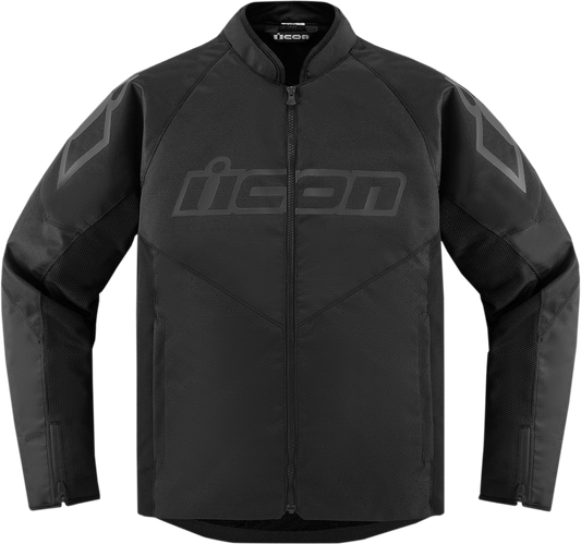 Black ICON Hooligan™ CE jacket in 3XL with padded shoulders and front zipper, designed for motorcycle riding.