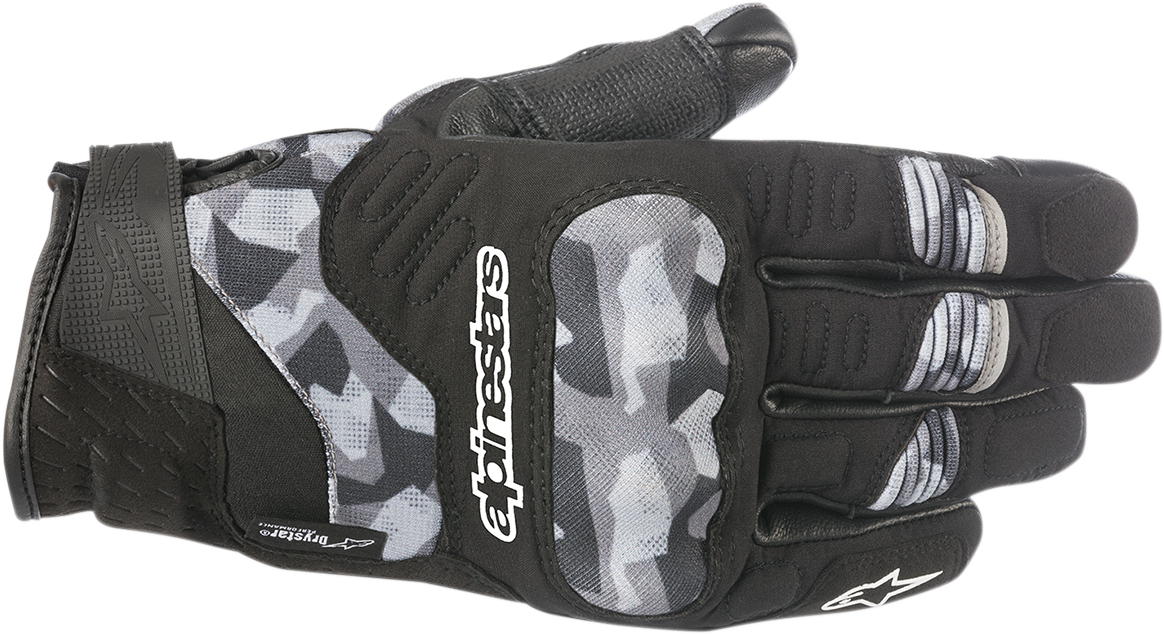 Black and camo Alpinestars C-30 Drystar® motorcycle gloves in 2XL size, featuring reinforced knuckles and adjustable wrist closure.
