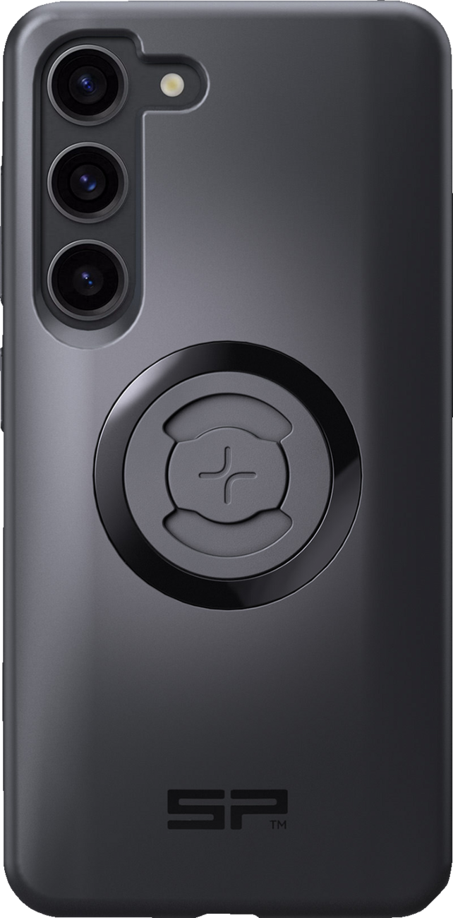 Samsung Galaxy S23 with SP CONNECT SPC+ case in black, protective phone cover showing textured surface and secure fit.