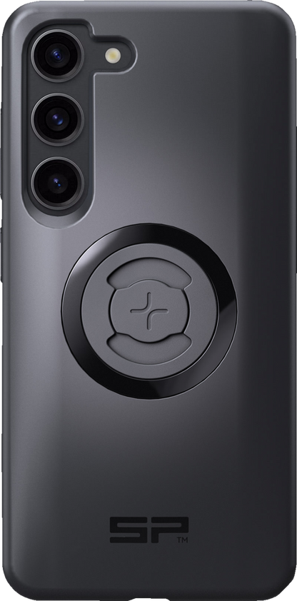 Samsung Galaxy S23 with SP CONNECT SPC+ case in black, protective phone cover showing textured surface and secure fit.