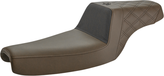 Bill's Exhausts SADDLEMEN Unknown Industries front seat with black gripper lumbar and rear lattice stitching, carbon fiber accents, XL size.