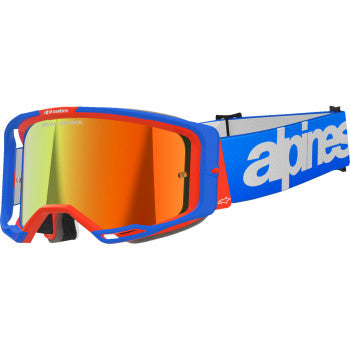 Alpinestars Vision 8 Goggle with blue and orange frame, red mirror lenses, featuring a sleek design for motorcycle riding.