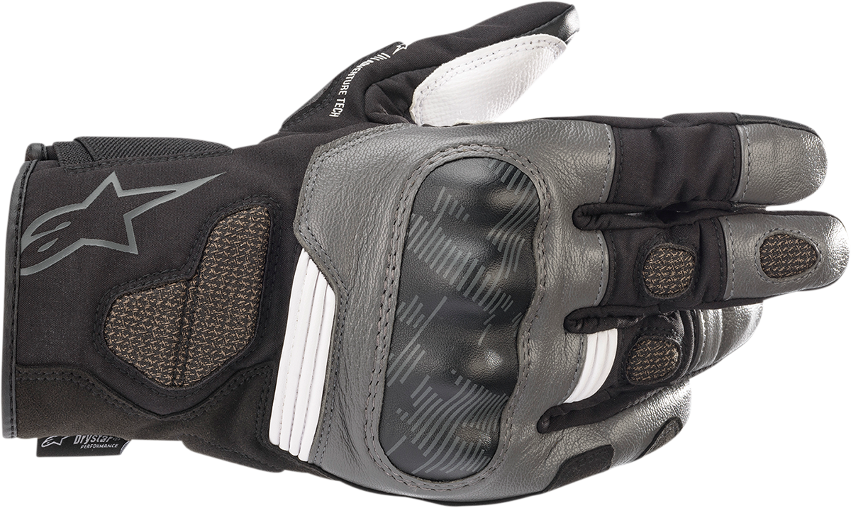 Alpinestars Corozal V2 Drystar motorcycle gloves in black, white, and gray with reinforced knuckles and adjustable wrist straps.