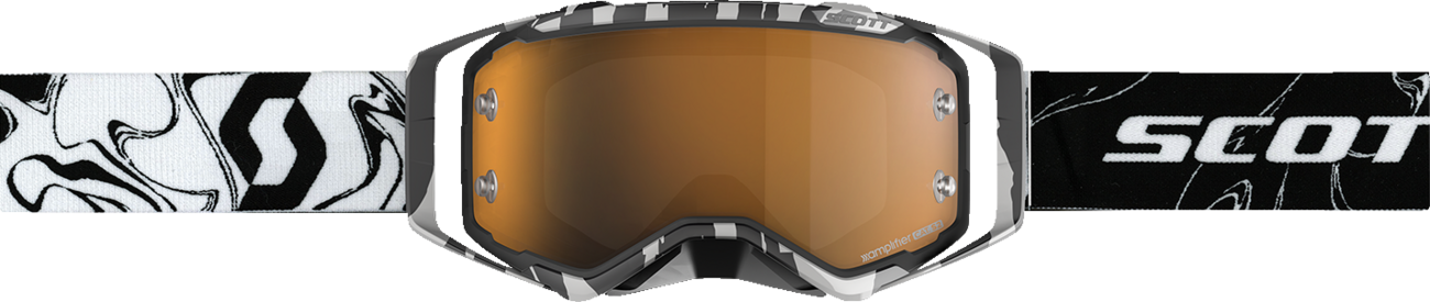 Scott Prospect Amplifier Goggles in marble black and white with gold chrome accents, designed for motorcycle engine protection.