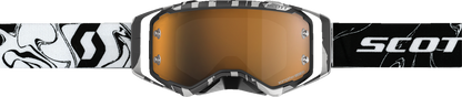 Scott Prospect Amplifier Goggles in marble black and white with gold chrome accents, designed for motorcycle engine protection.