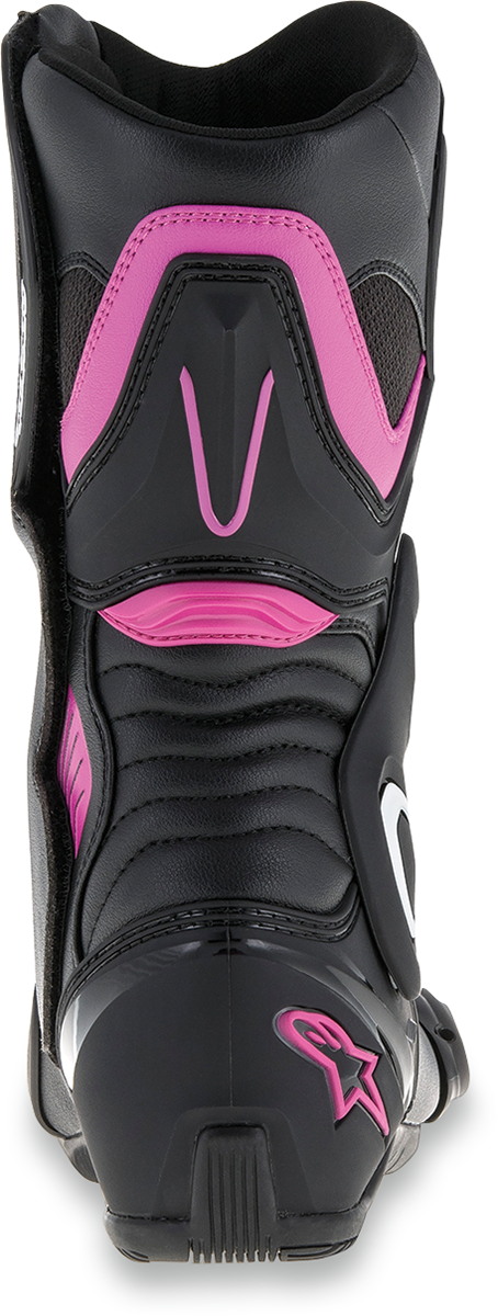 Alpinestars SMX-6 v2 vented motorcycle boots in black, pink, and white, size US 9.5 / EU 41, with protective design and branding.