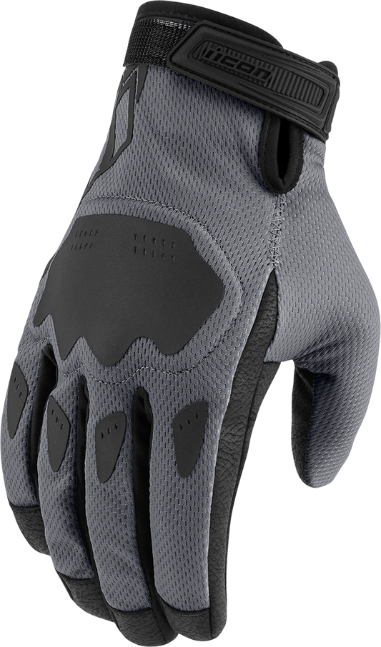 Gray ICON Hooligan CE gloves in large size with padded design, worn on hands, showcasing protective motorcycle glove features.