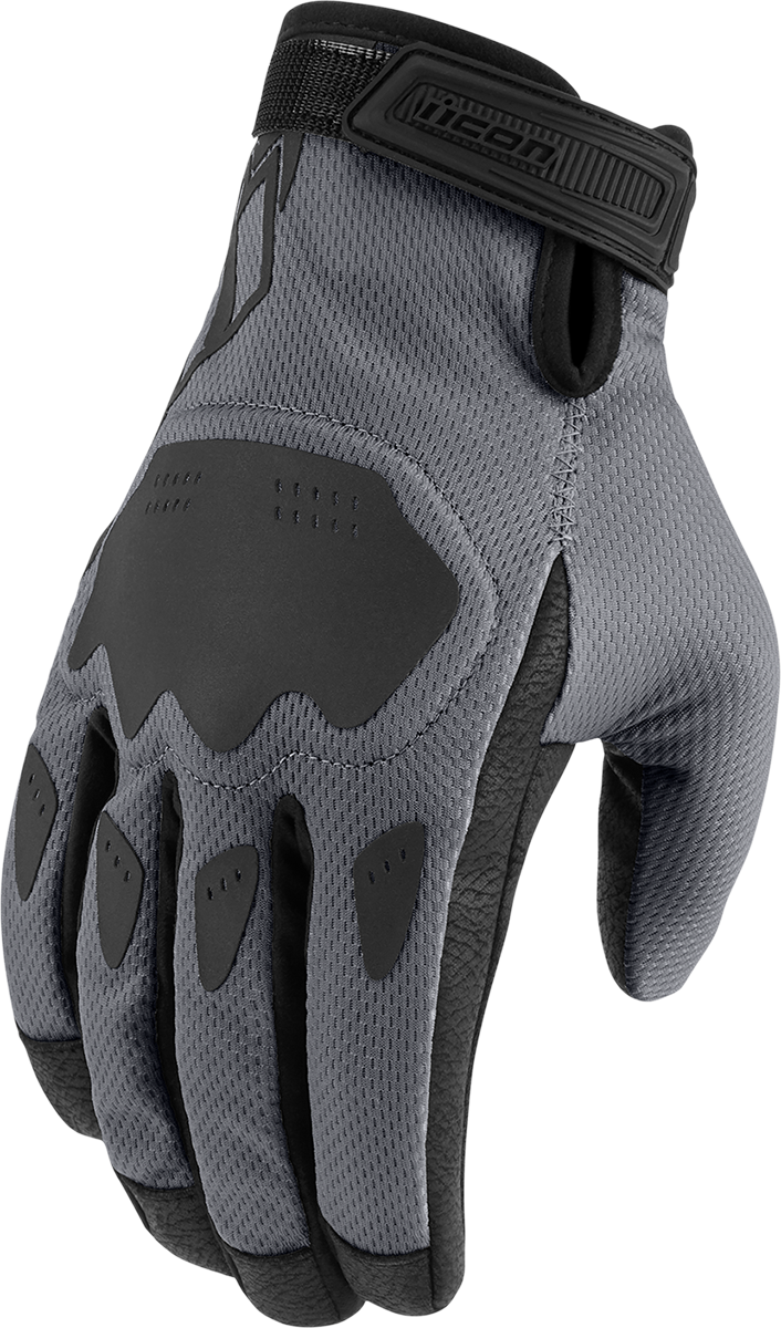 Gray ICON Hooligan CE Gloves by Bill's Exhausts, small size, showing the textured palms and secure wrist closure.
