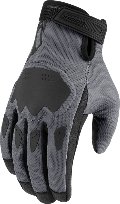 Gray ICON Hooligan CE Gloves by Bill's Exhausts, small size, showing the textured palms and secure wrist closure.