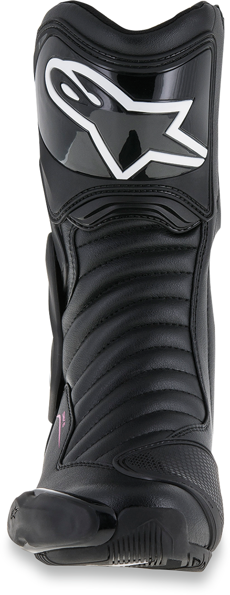 Alpinestars SMX-6 v2 vented motorcycle boots in black, pink, and white with US 9.5 size, featuring protective design and branding.