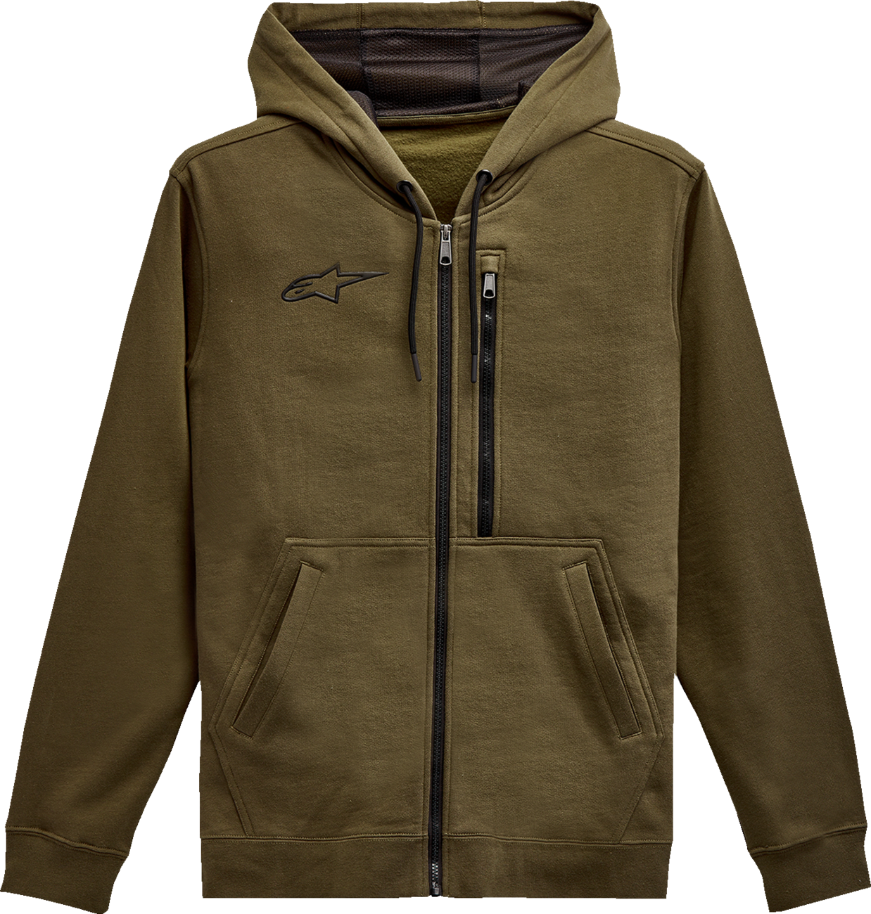 Alpinestars asymmetrical zip-up hoodie in military green, XL size, featuring a stylish design and front zipper detail.
