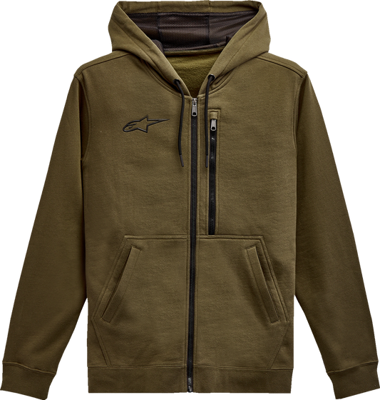 Military green ALPINESTARS zip-up hoodie with asymmetrical front zipper, large size, casual style, and comfortable fit.