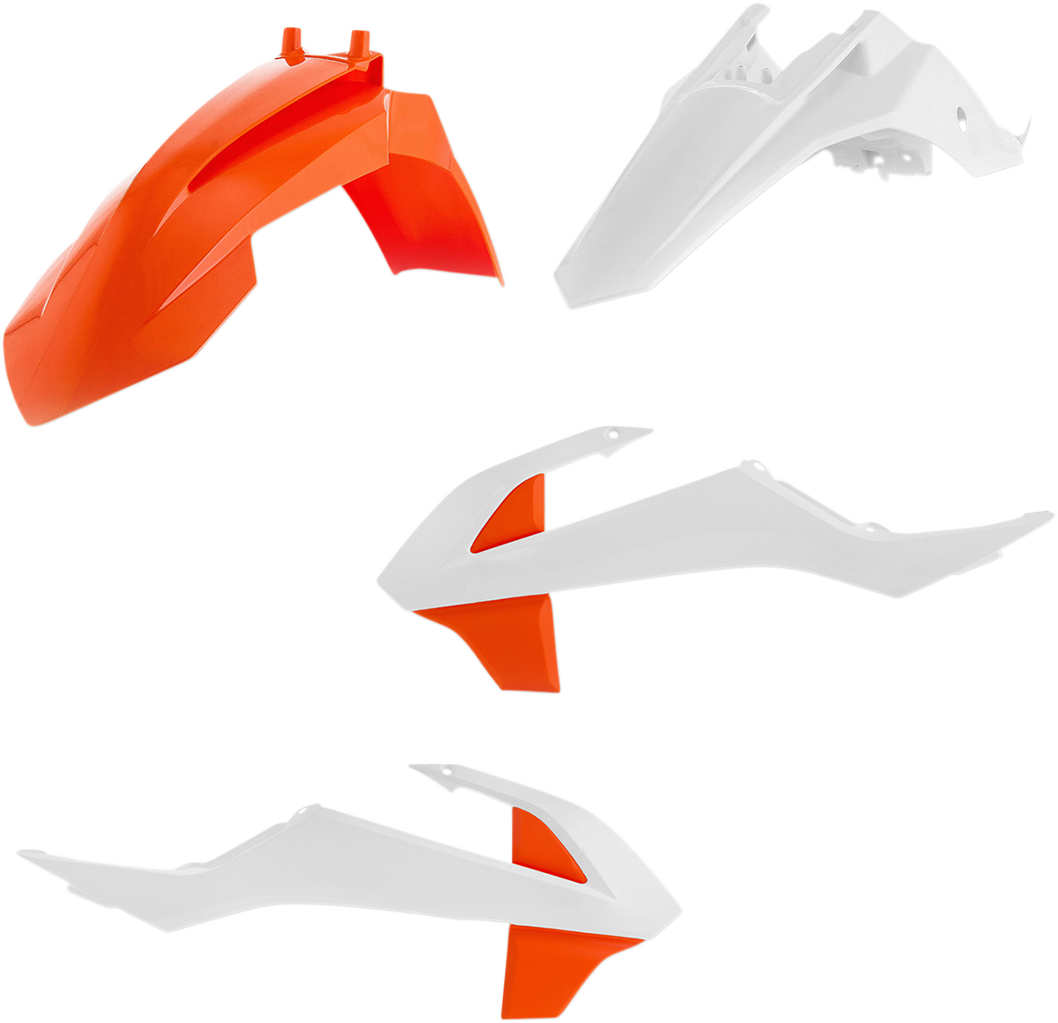 Acerbis OEM standard replacement body kit for '19 motorcycle, shown on a white background with parts laid out for installation.