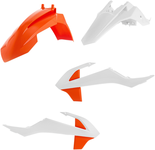 Acerbis OEM standard replacement body kit for '19 motorcycle, shown on a white background with parts laid out for installation.