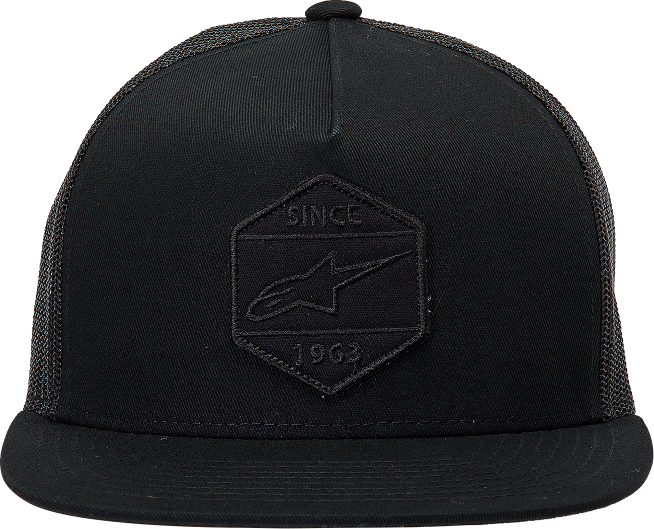 Black trucker hat from Bill's Exhausts with ALPINESTARS Bolt logo, breathable mesh back, and adjustable snap closure.