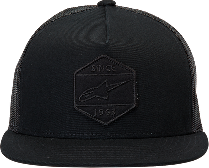 Black trucker hat from Bill's Exhausts with ALPINESTARS Bolt logo, breathable mesh back, and adjustable snap closure.
