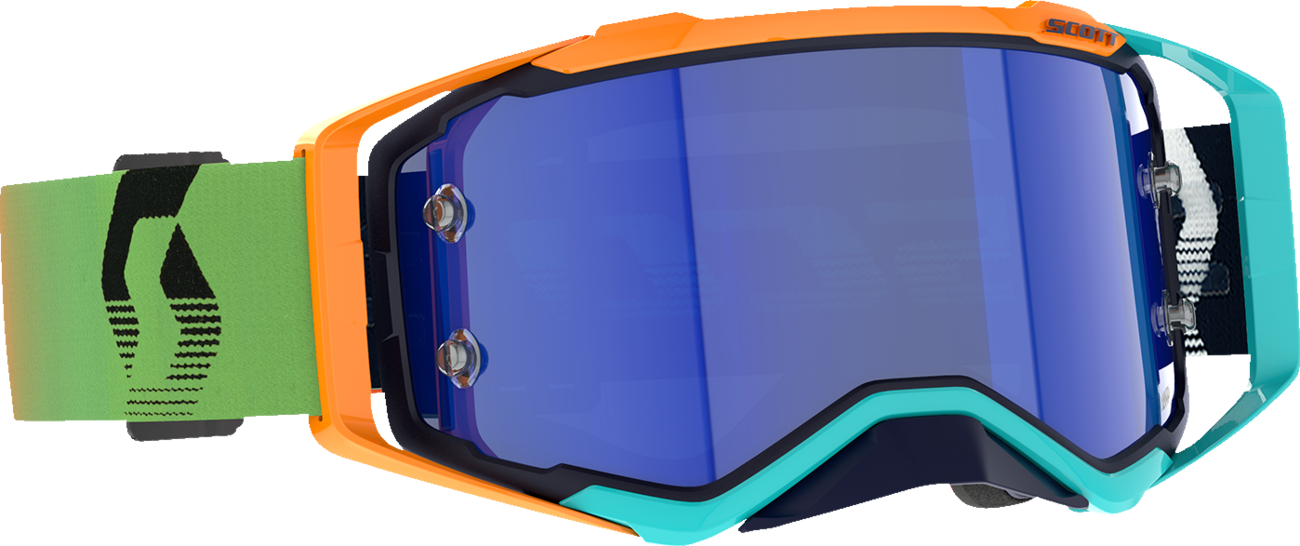 Scott Prospect Amplifier Goggle in blue and orange with blue chrome lens, designed for motocross or off-road riding.