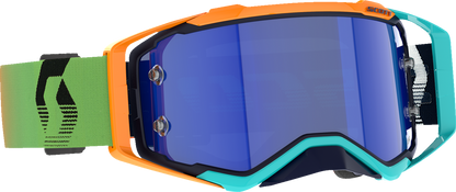 Scott Prospect Amplifier Goggle in blue and orange with blue chrome lens, designed for motocross or off-road riding.