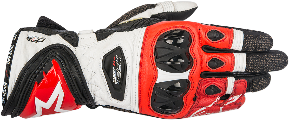 Alpinestars Supertech motorcycle gloves in black, white, and red with XL size, showing detailed protective design and branding.