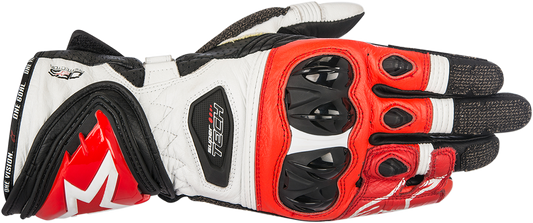 Alpinestars Supertech motorcycle gloves in black, white, and red with XL size, showing detailed protective design and branding.