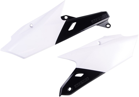 Acerbis white and black side panels for motorcycle body, featuring sleek design and brand logo, on a plain background.