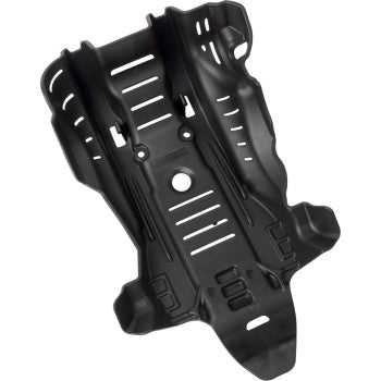 Black ACERBIS Kawasaki KX 450 skid plate installed on motorcycle body, showing durable protective design for off-road riding.