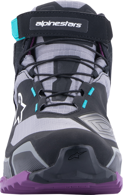 Alpinestars Stella CR-X Drystar® motorcycle shoes in black, gray, teal, and purple, US 10.5, with protective design and sporty style.