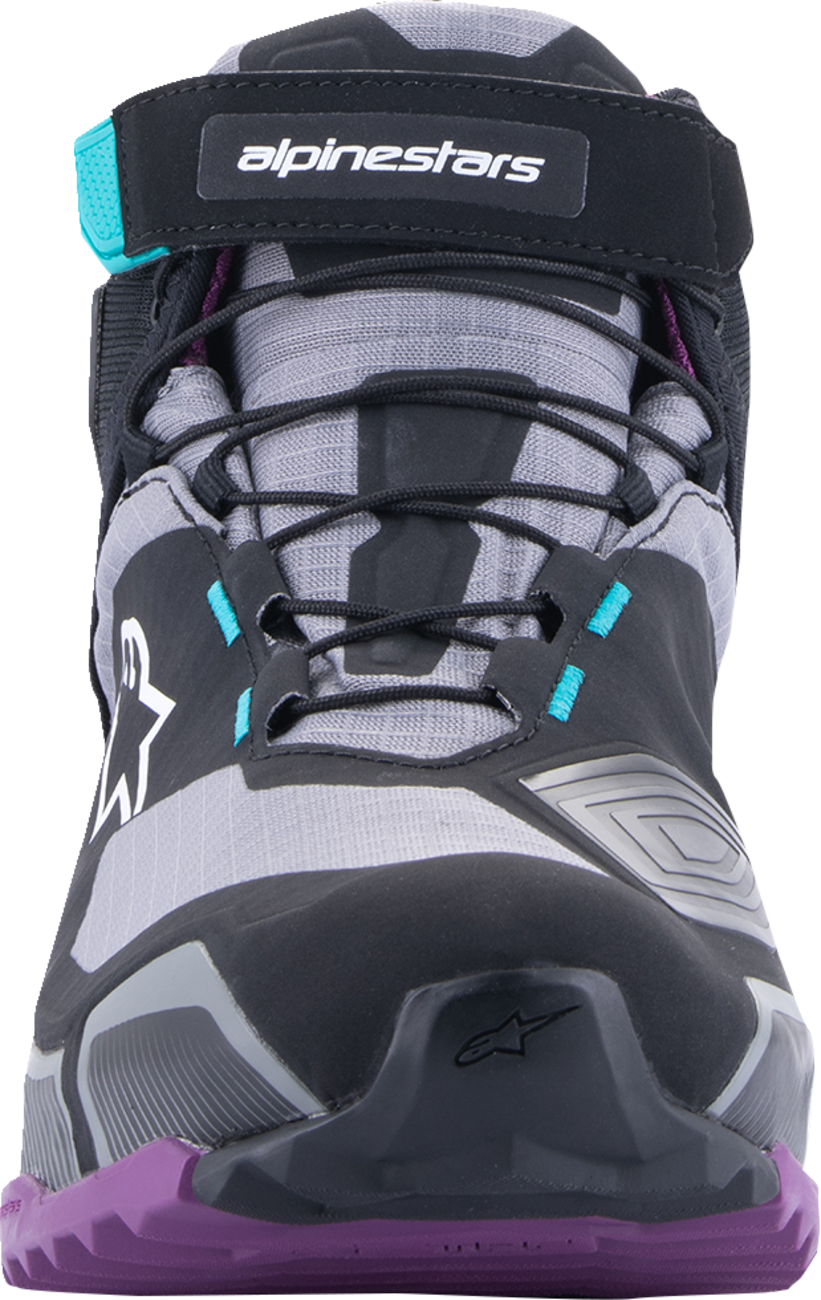 Alpinestars Stella CR-X Drystar® motorcycle shoes in black, gray, teal, and purple, US 7.5, featuring durable design and safety features.