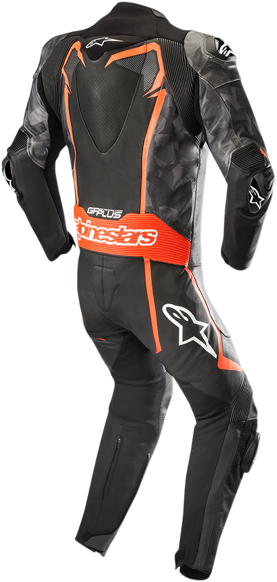 Alpinestars GP Plus v2 Camo black, charcoal, red fluorescent leather motorcycle suit, US 40 / EU 50, detailed stitching and armor.