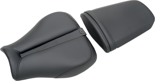 Black SADDLEMEN Gel Channel Track Carbon Fiber Sport Seat for CBR600RR motorcycle, featuring sleek carbon fiber design and ergonomic shape.