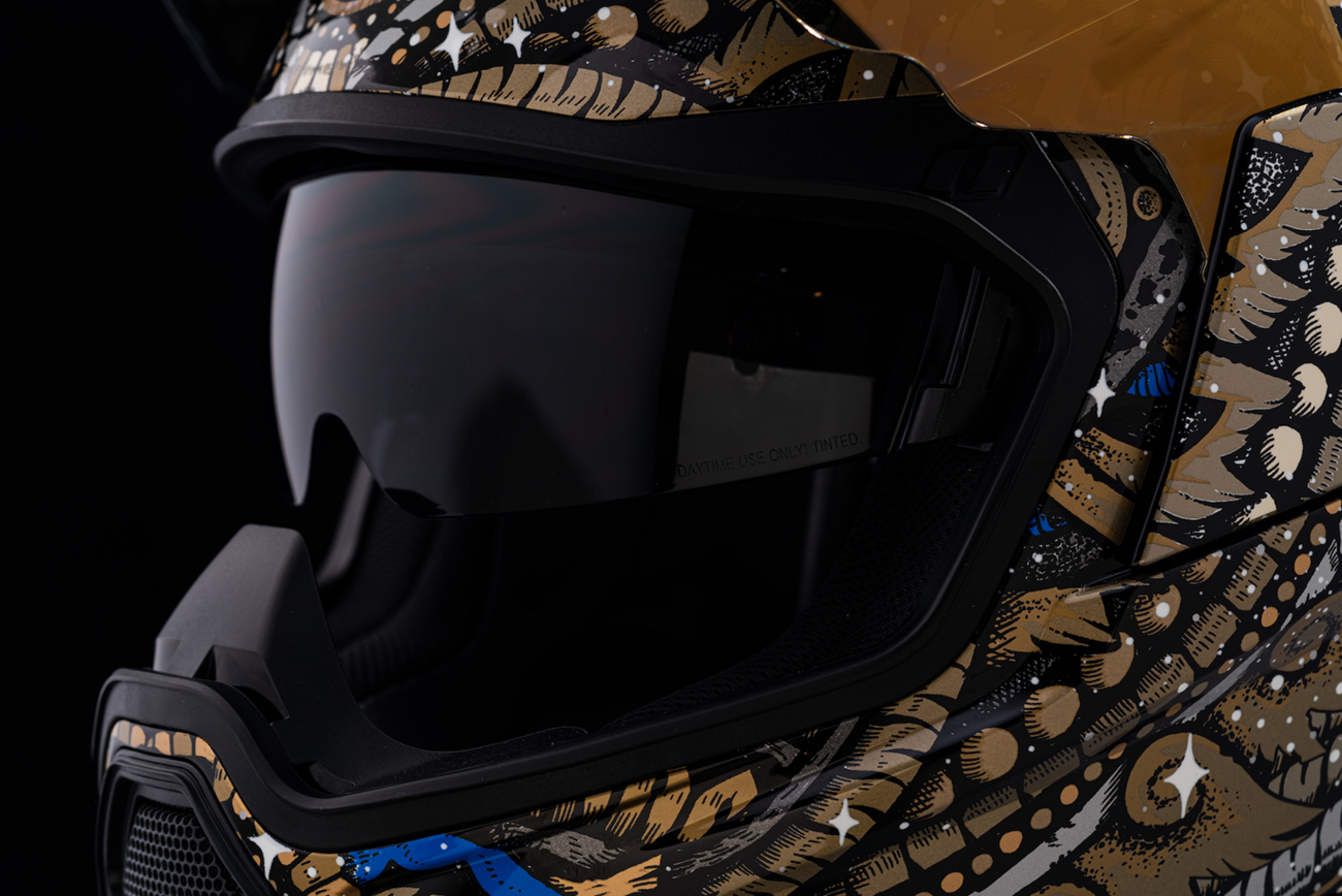 Bill's Exhausts ICON Airflite DayTripper helmet in gold, large size, with sleek aerodynamic design and clear visor.