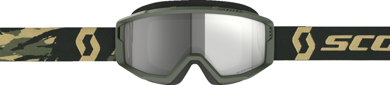 Scott Primal Sand Dust Goggles in camo khaki and dark gray, featuring adjustable straps and durable frame for outdoor riding.