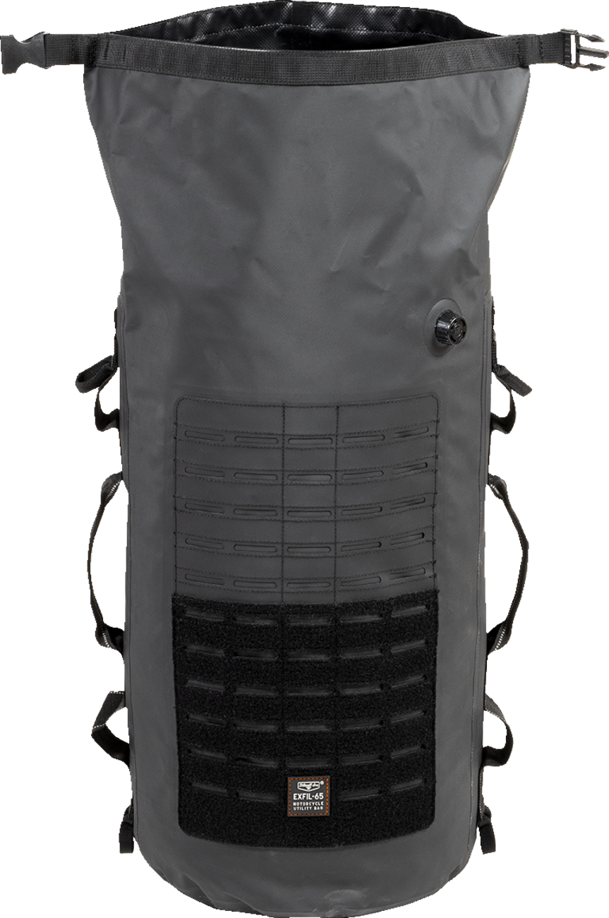 Black BILTwell EXFIL-65 Dry Bag Gen 2, durable waterproof bag with roll-top closure for outdoor gear storage.