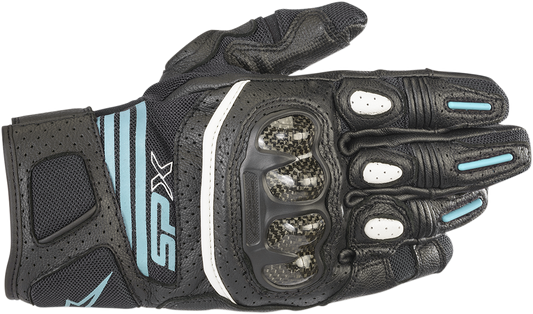Alpinestars Women Stella SPX AC V2 motorcycle gloves in black and teal, size XL, featuring protective knuckles and breathable fabric.