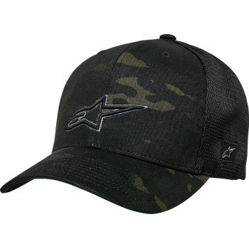 Alpinestars Recon trucker hat in black camo with embroidered logo, adjustable mesh back, and curved brim.