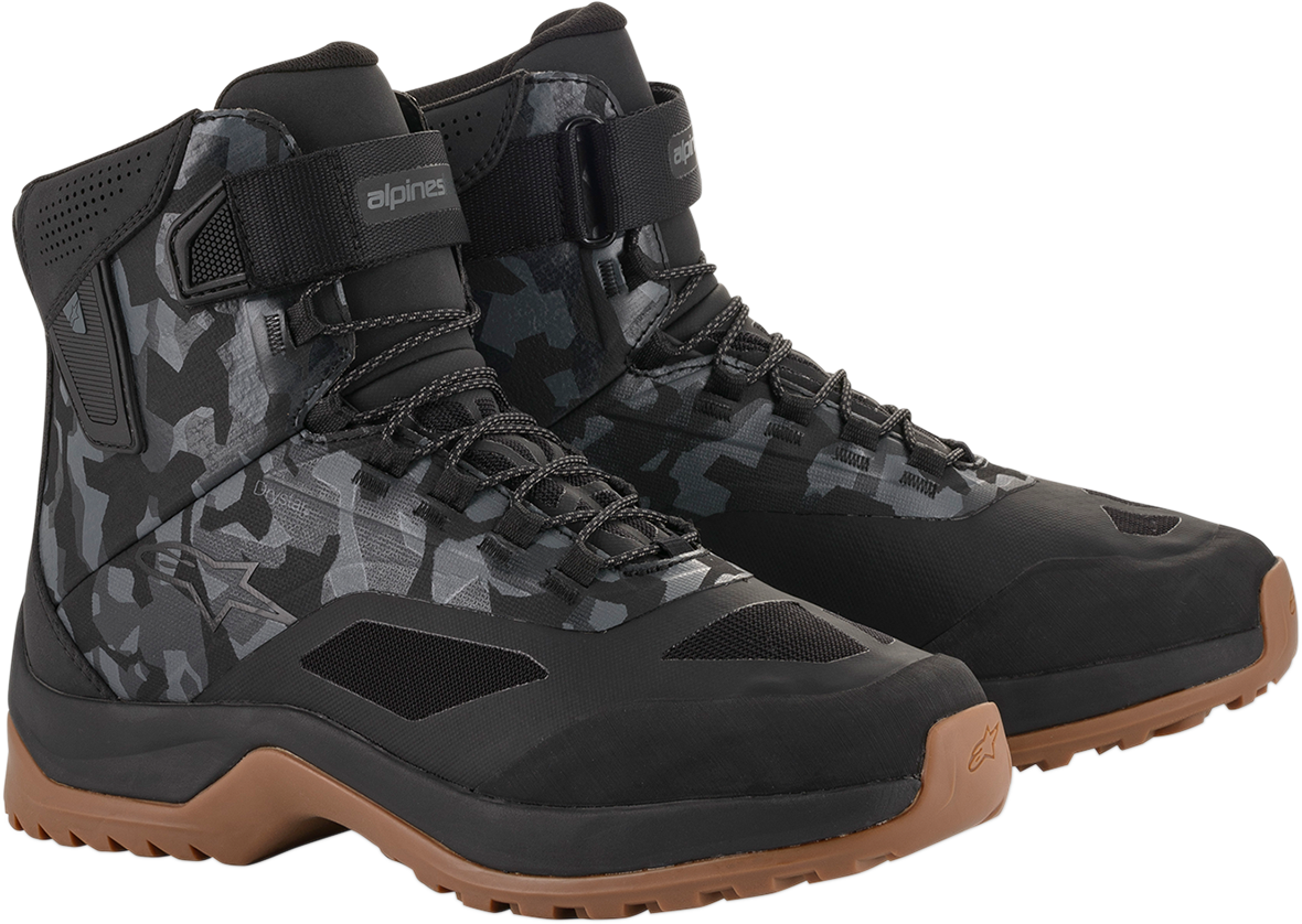 Alpinestars CR-6 Drystar motorcycle shoes in black, gray, and gunmetal with protective design, US size 14.