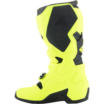 Alpinestars Tech 7 motocross boots in fluorescent yellow and black with US size 14, featuring durable construction and protective gear.