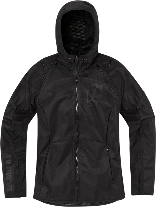 Black ICON Women's Airform Jacket in Large, designed by Bill's Exhausts, featuring a sleek, lightweight fit with detailed stitching.